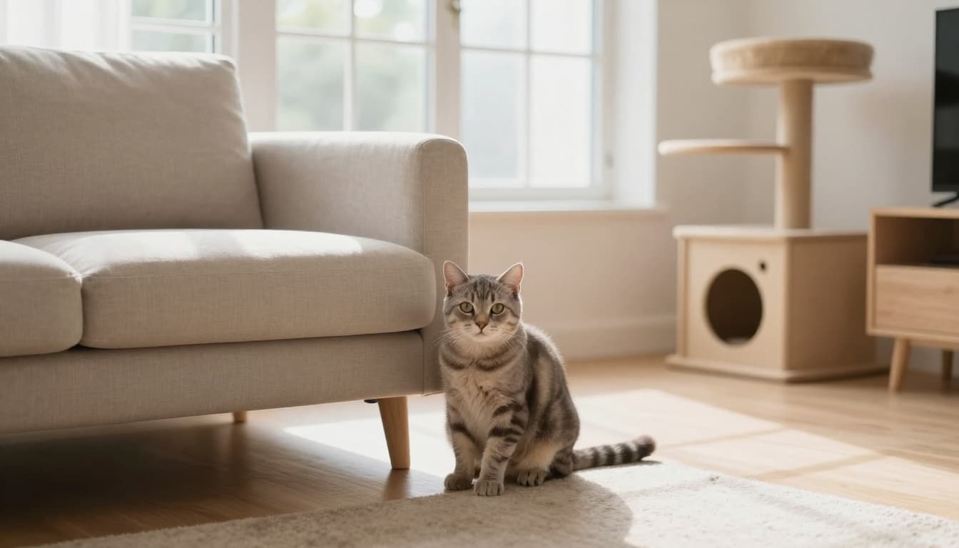 A cautious gray tabby cat peeks out from under a beige sofa in a bright Scandinavian living room with natural light and minimalist decor including a stylish wooden cat tree.