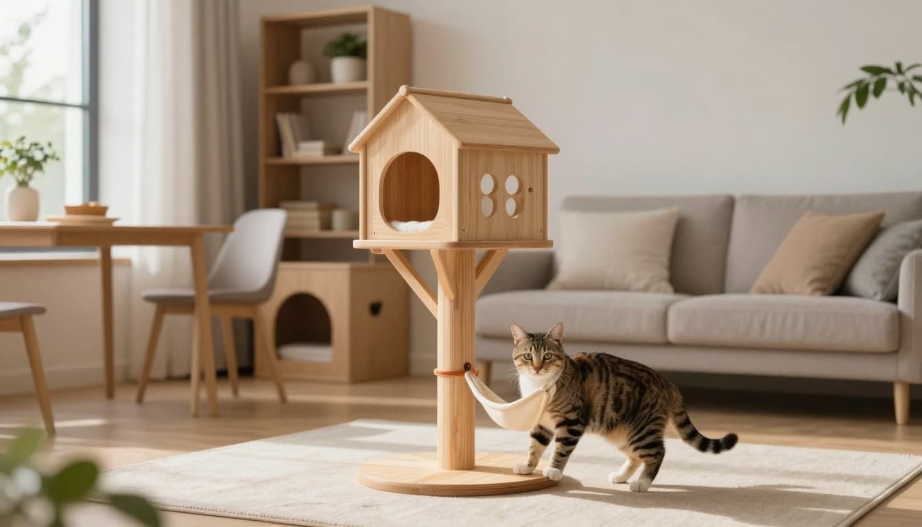 In a bright 30m² modern Scandinavian apartment, a curious gray tabby cat climbs a stable light wood cat tree with perches, scratcher, and hammac in the minimalist living room, surrounded by cozy feeding area, discreet litter, and wall shelves.