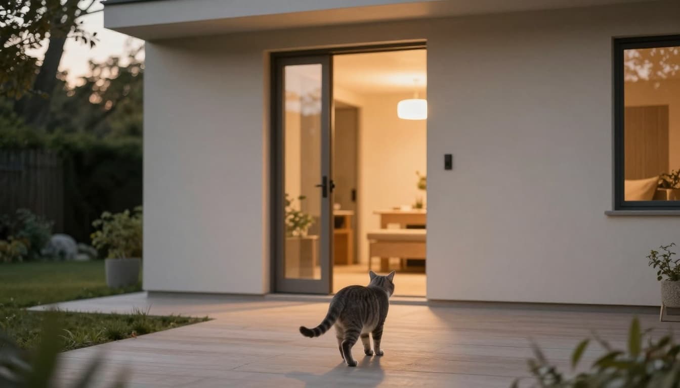 A gray tabby cat cautiously approaches the warmly lit open front door of a modern Scandinavian-style house from a minimalist garden at dusk, with cozy warm interior glow.