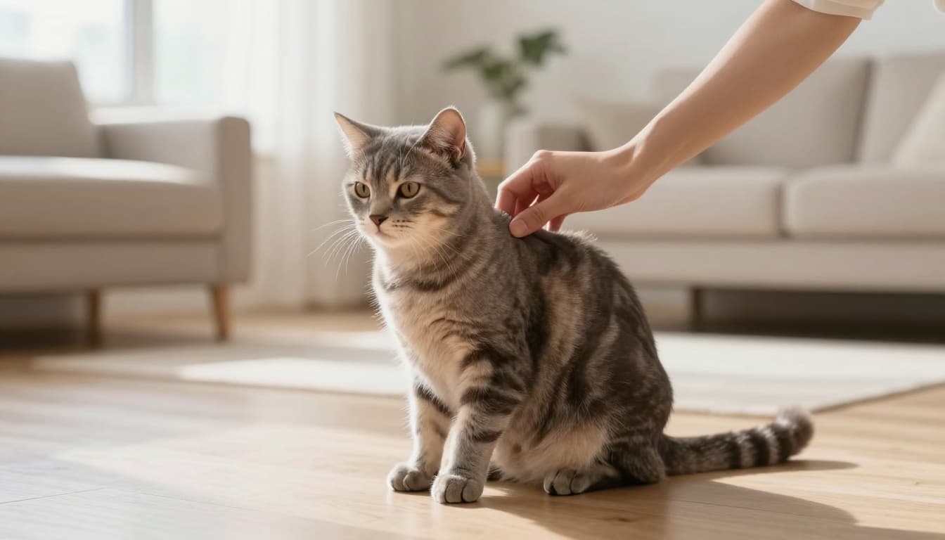 A person's gentle hand pinches the loose skin at the shoulder blades of a relaxed elegant gray tabby cat to perform the dehydration skin tent test. The cat sits calmly on a light wood floor in a bright, minimalist Scandinavian living room.