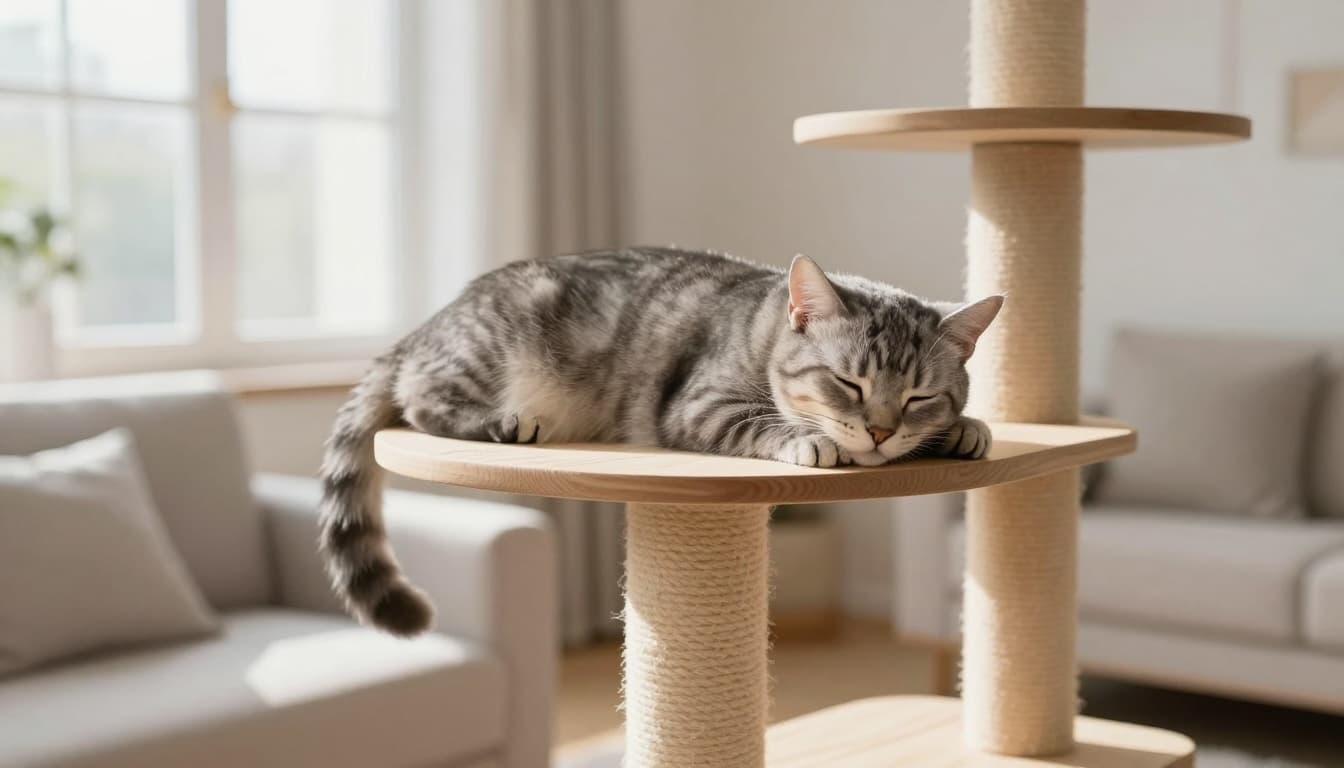 A sleek gray tabby cat rests in light sleep on a high platform of an elegant light wooden cat tree in a bright Scandinavian living room with natural morning light.