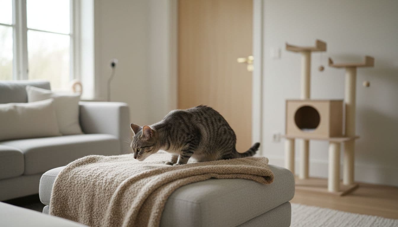 In a bright modern Scandinavian living room with minimalist cozy decor, a curious gray tabby cat sniffs a soft blanket near a closed wooden door, evoking a calm introduction to another cat's scent.