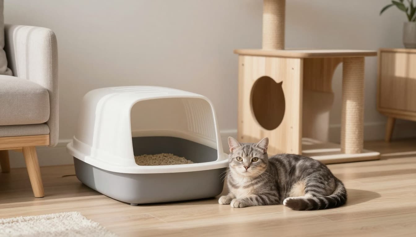 An elegant gray tabby cat rests peacefully near a spotless open litter box filled with fine clumping sand in a cozy modern Scandinavian living room with soft natural light and minimalist decor.