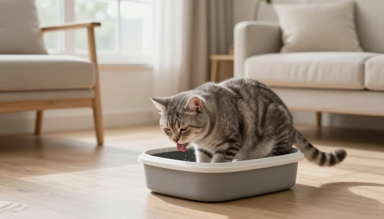 In a bright minimalist Scandinavian living room, a gray tabby cat crouches uncomfortably in a modern litter box, showing signs of urinary distress by straining and licking its hindquarters.