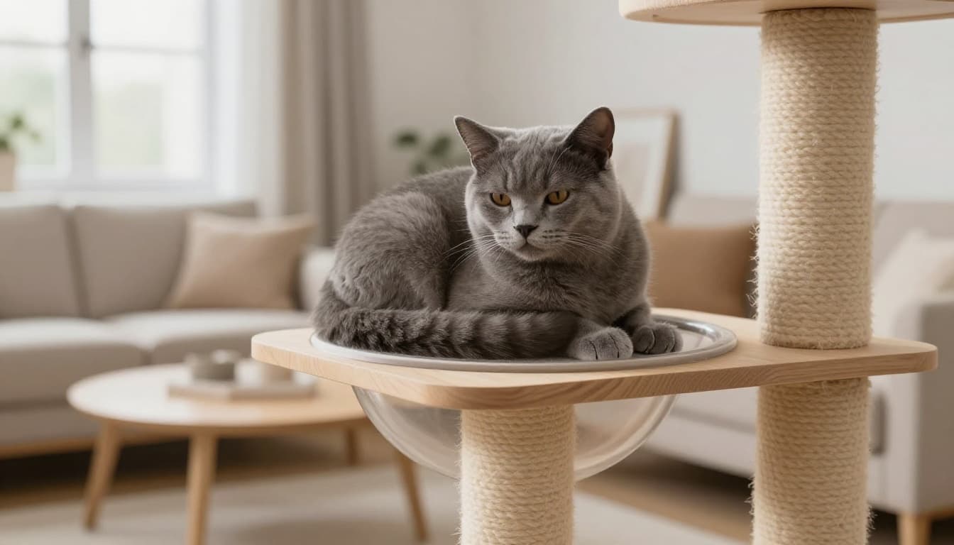 A soft grey domestic cat curled up tightly on a high wooden perch of a stylish cat tree in a bright Scandinavian living room with minimalist decor and natural daylight.