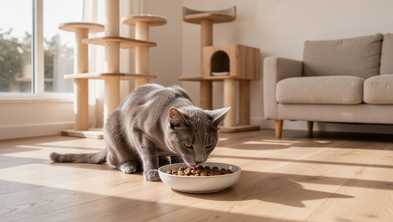 Exactly one adult cat with sleek grey fur calmly eats kibble from a shallow white ceramic bowl on a light wooden floor in a bright minimalist Scandinavian living room with soft natural daylight, cat tree, and beige sofa.