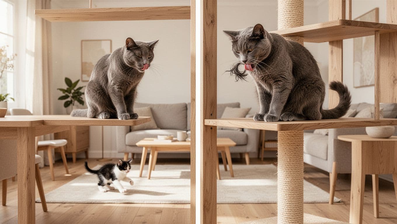 Premium lifestyle photo in bright minimalist Scandinavian interior featuring an adult grey cat alertly licking its fur on a high wooden cat tree shelf, with a distant black and white kitten playing separately in the living room.