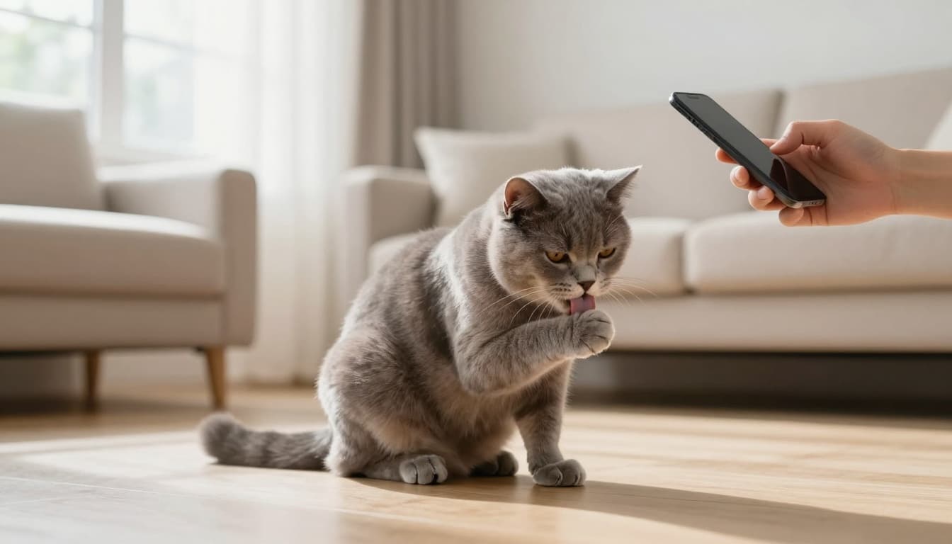 A beautiful domestic cat with soft grey fur sits on a light wooden floor in a bright Scandinavian living room, licking its front paw intently with subtle signs of discomfort. A human hand holds a smartphone nearby as if about to call for help, in a premium lifestyle photography style with cozy atmosphere.