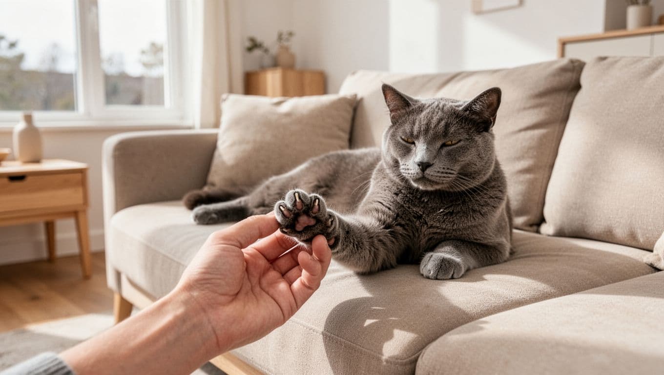 Premium lifestyle photo of a relaxed grey cat on a soft beige sofa in a bright, minimalist Scandinavian interior with natural light. Owner's hand gently holds the cat's front paw, highlighting dewclaw, claws, and paw pads in a cozy, elegant setting.