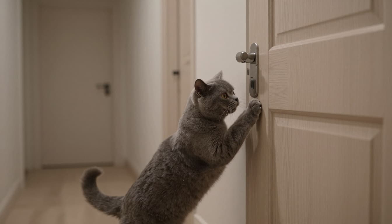 A grey cat insistently paws at a closed bedroom door at night in an elegant Scandinavian hallway with soft lighting, minimalist decor, light wood panels, and neutral walls.