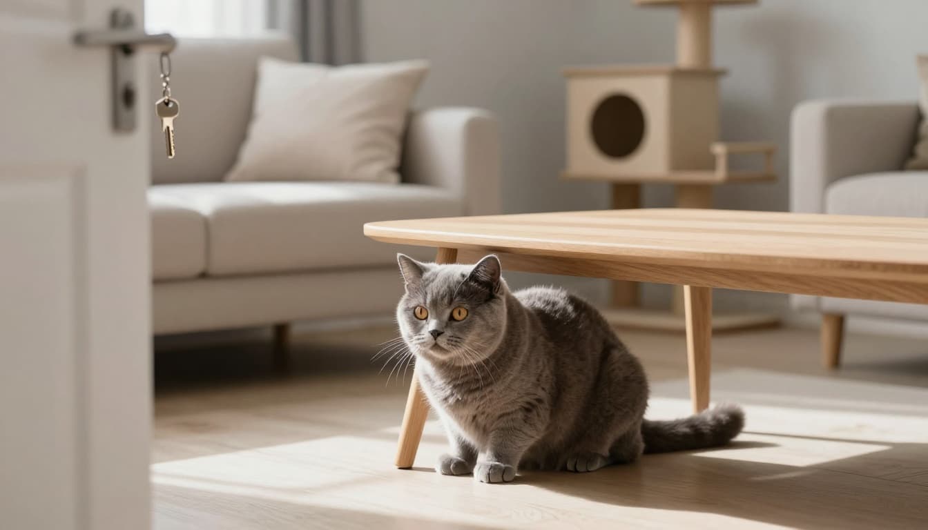 A curious fluffy grey cat peeks cautiously from under a light wood side table in a bright modern Scandinavian living room, ears perked to a sudden noise. Features minimalist decor, natural light, and elegant Meowood cat tree in the background.