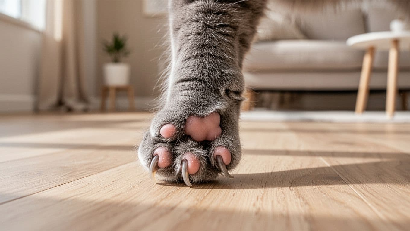 Premium lifestyle close-up of a single grey cat's rear paw on a light wooden floor in a cozy Scandinavian living room, showing exactly four claws extending from soft pink pads.