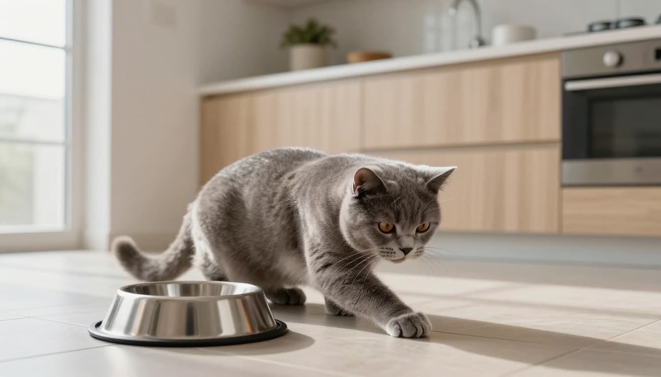 A soft grey fur domestic cat scratches the tiled floor in front of its stainless steel water bowl in a bright modern Scandinavian kitchen with natural light and minimalist decor.