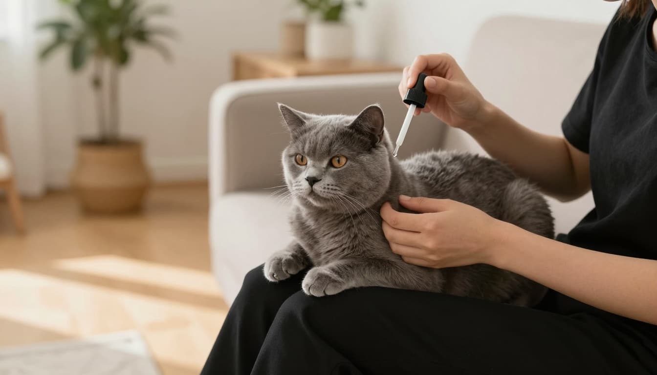 In a cozy Scandinavian living room, a person gently applies a spot-on pipette treatment to the neck of a fluffy grey cat on their lap on a modern sofa. The cat appears calm and content amid soft natural light and warm tones.