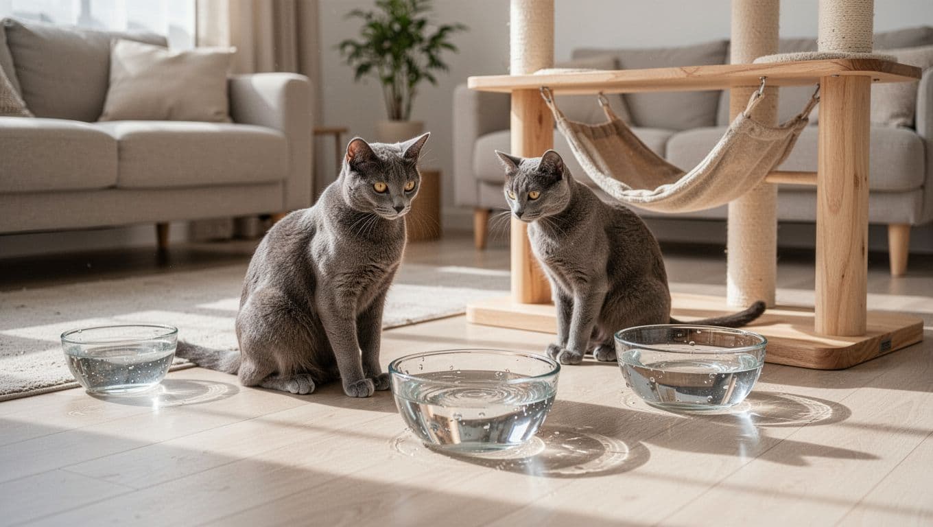 In a bright minimalist Scandinavian living room with neutral tones and natural light, an elegant adult cat with smooth grey fur sits calmly near three clean glass water bowls on the light wooden floor, one beside a premium wooden cat tree. The cat gazes curiously at the rippling fresh water, with soft depth of field focusing on the cat and bowls.