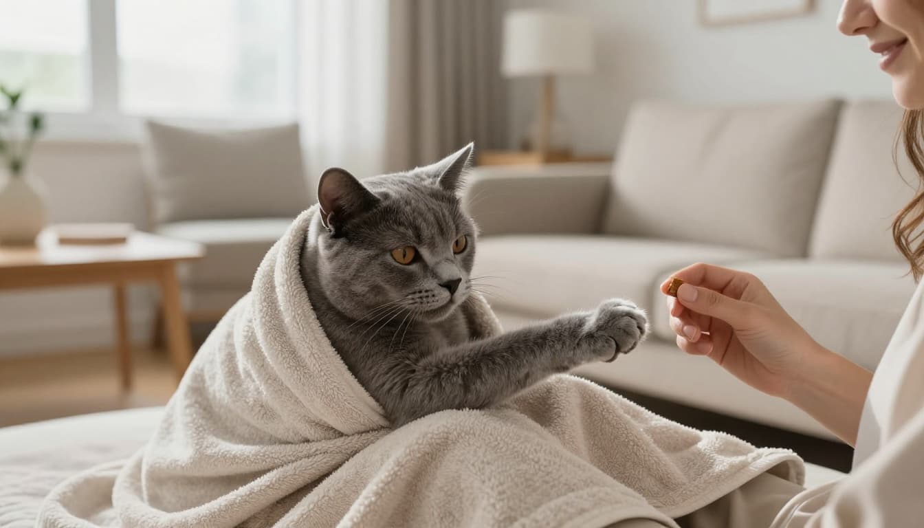 A calm grey cat gently wrapped in a soft light-colored towel rests on a person's lap in a bright Scandinavian living room with natural light. Its front paw is extended showing retracted claws as a second person holds a small treat nearby in a cozy, minimalist setting.