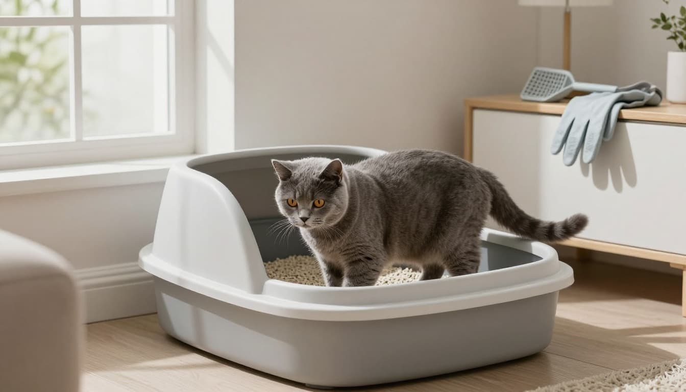 A sleek grey shorthair cat happily uses a spotless modern open litter box filled with fine unscented clumping litter in a bright Scandinavian living room corner. Scoop and gloves nearby emphasize cleanliness in premium lifestyle photography.