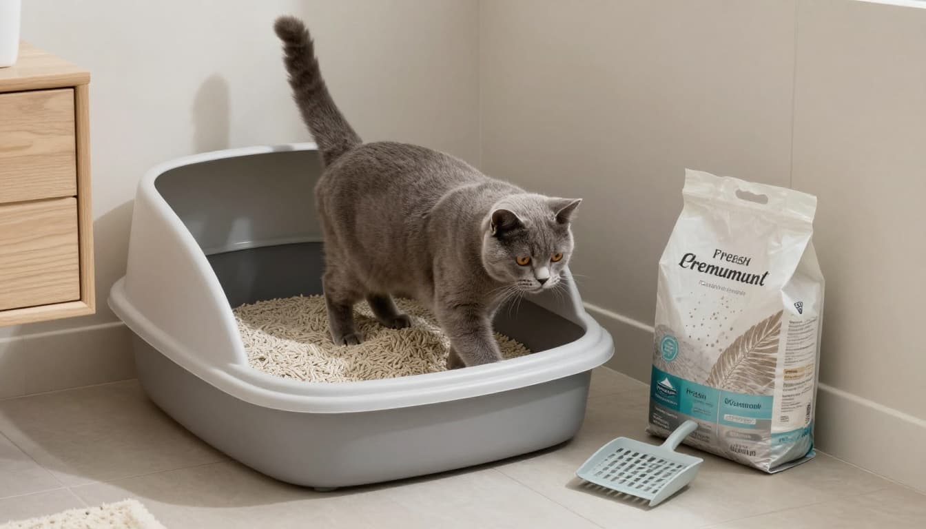A sleek grey shorthair cat steps confidently into a spacious open litter box filled with fine unscented clumping litter in a minimalist Scandinavian bathroom. Scoop and fresh litter bag nearby, captured in premium lifestyle photography with bright natural light and cozy atmosphere.