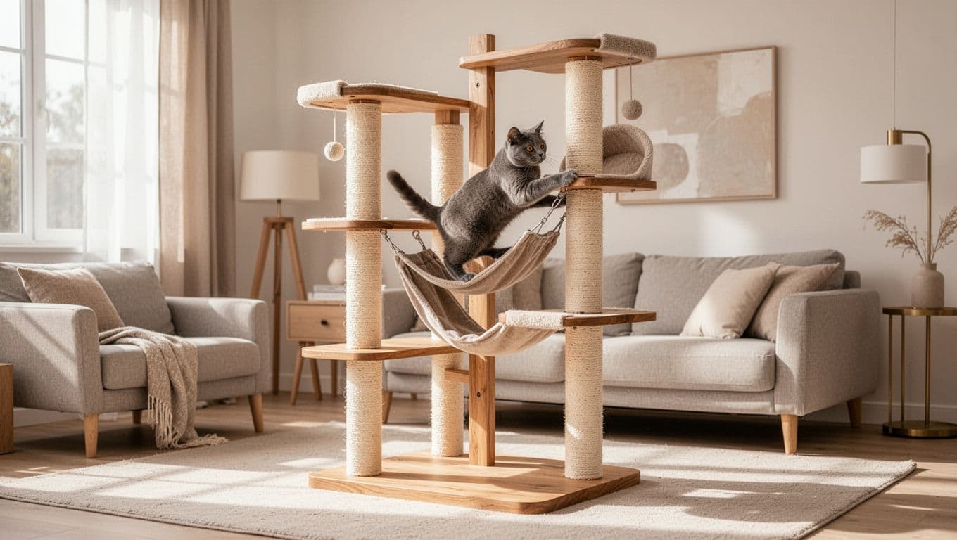 A single healthy adult grey shorthair cat climbs and plays dynamically on a sturdy premium wooden cat tree featuring stable platforms, hammock, and scratching posts in a bright, minimalist Scandinavian living room with neutral colors and cozy atmosphere.