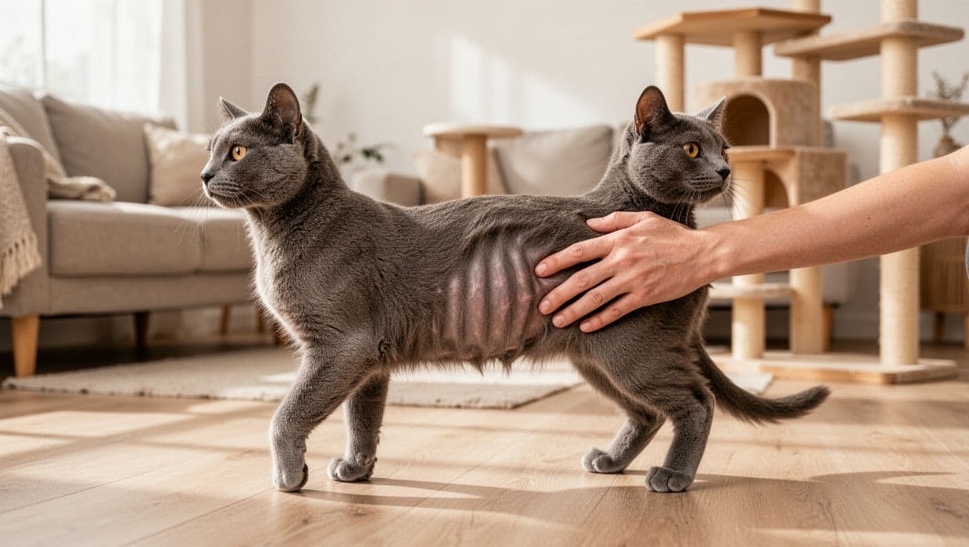 An elegant adult shorthair cat with sleek grey fur stands in profile on a light wooden floor in a bright minimalist Scandinavian living room. A human hand gently palpates the cat's ribcage, revealing a tucked waist and palpable ribs indicating ideal body condition.