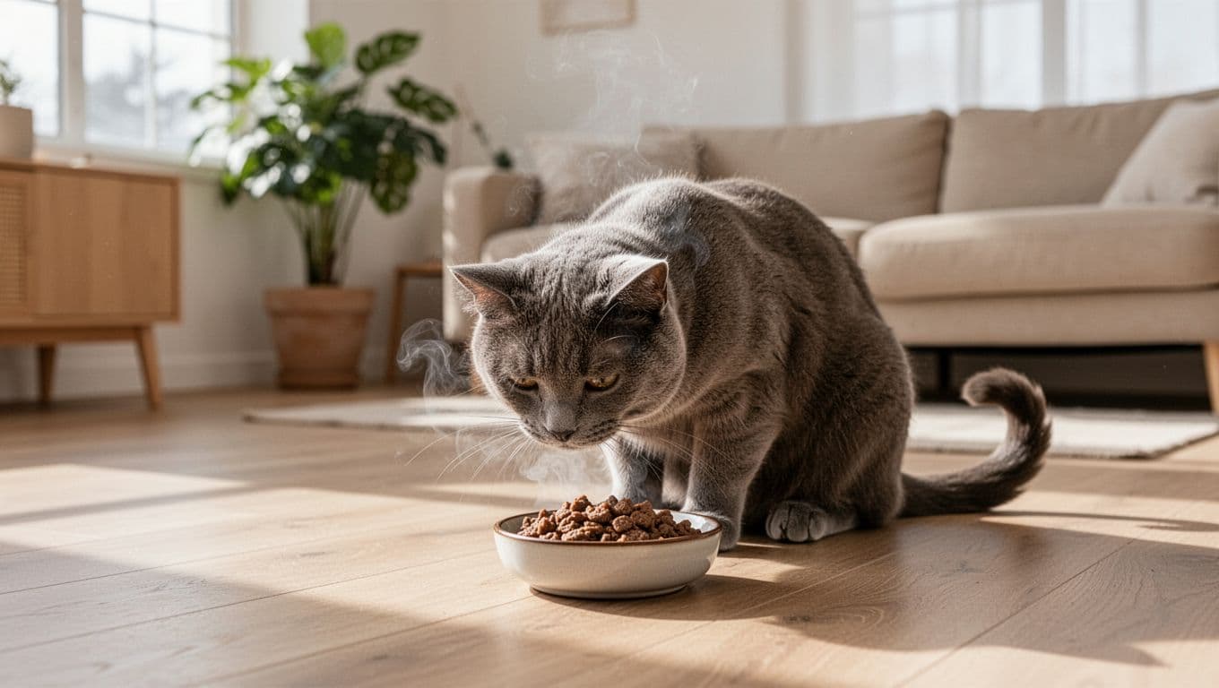 A single adult grey shorthair cat with a slightly unwell but curious expression sniffs a small bowl of steaming wet cat food on a light wood floor in a bright Scandinavian living room with minimalist decor.