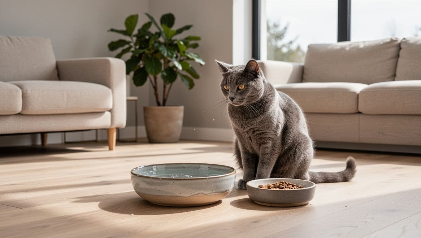 An adult grey shorthair cat with a neutral expression sits beside a full shallow ceramic water bowl and an empty food bowl on a light wood floor in a bright modern Scandinavian living room.