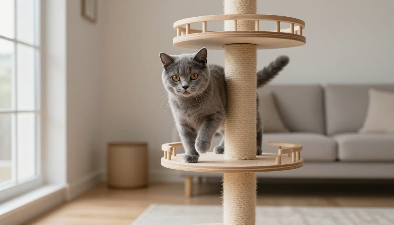 A healthy 6-month-old grey shorthair kitten plays energetically on a premium wooden cat tree in a bright Scandinavian living room with soft natural light.