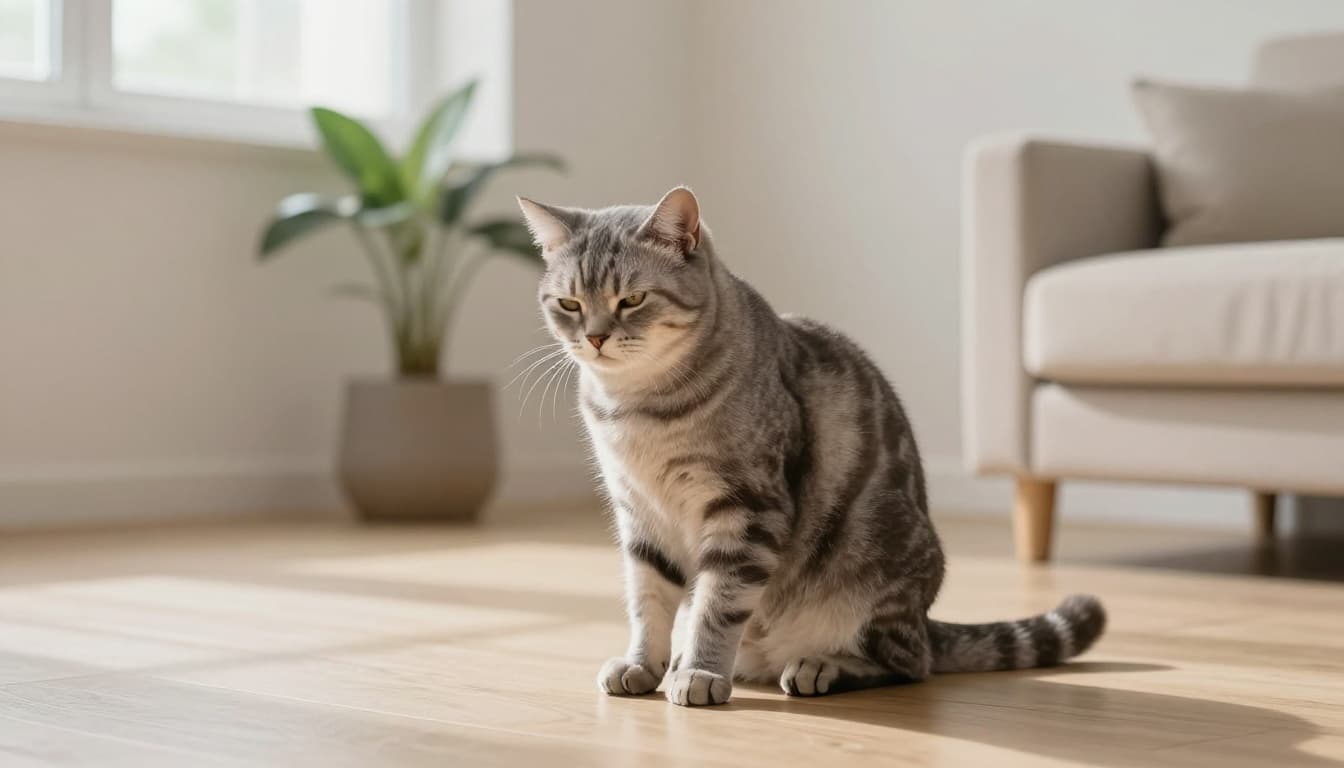 A grey tabby cat displays a pained expression and hunched posture indicating back pain or discomfort, sitting on a light wood floor in a bright modern Scandinavian living room with minimalist beige decor.