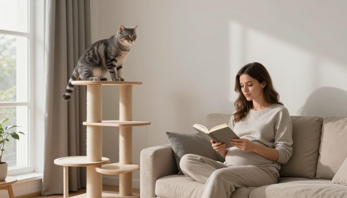 In a cozy modern Scandinavian living room with minimalist decor, a confident grey tabby cat perches on a premium cat tree while a relaxed pregnant woman reads a book on the sofa.