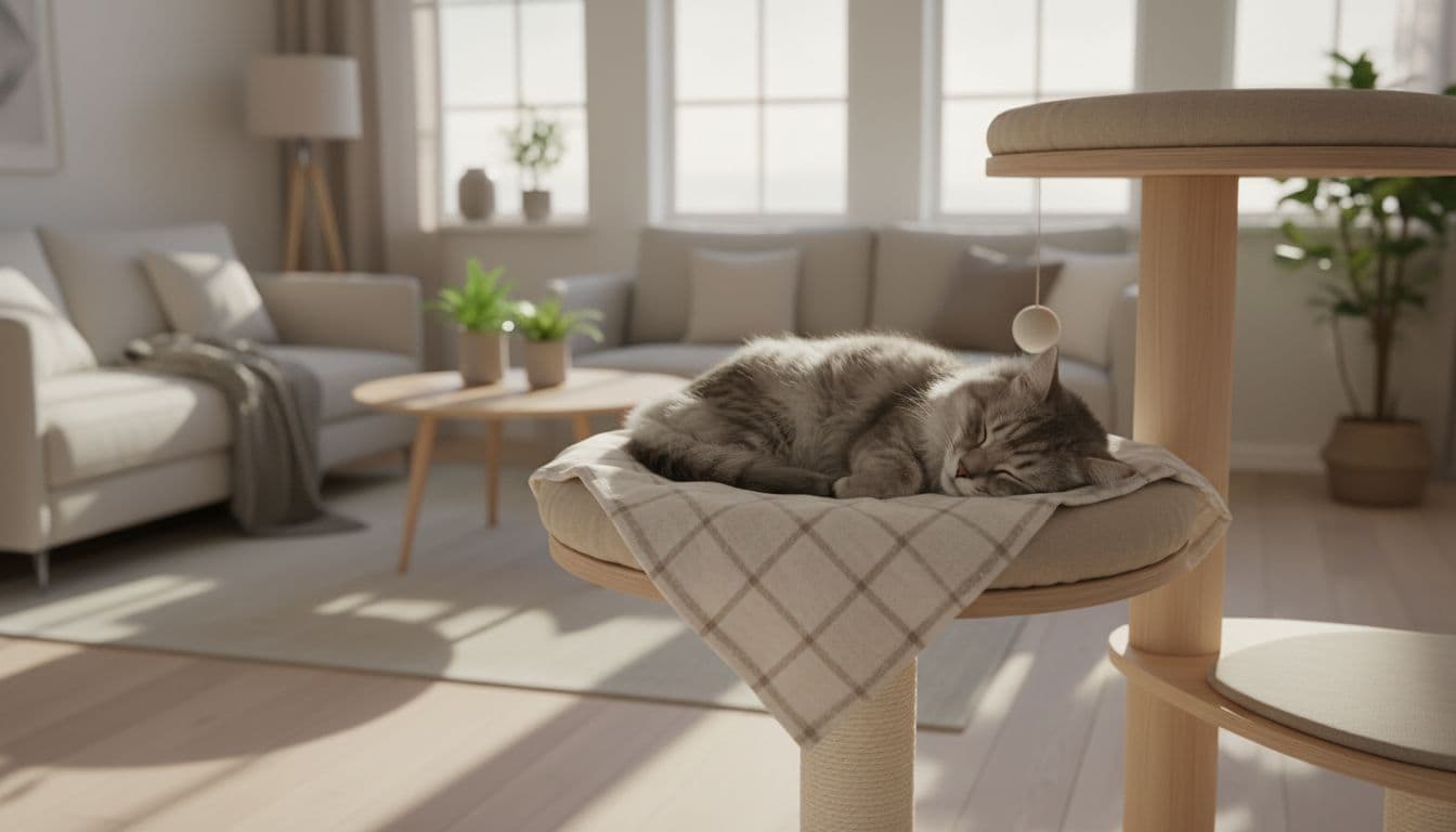 A fluffy grey tabby cat curls up comfortably on a soft plaid-covered platform atop a wooden cat tree in a bright Scandinavian living room with minimalist decor and warm natural light.