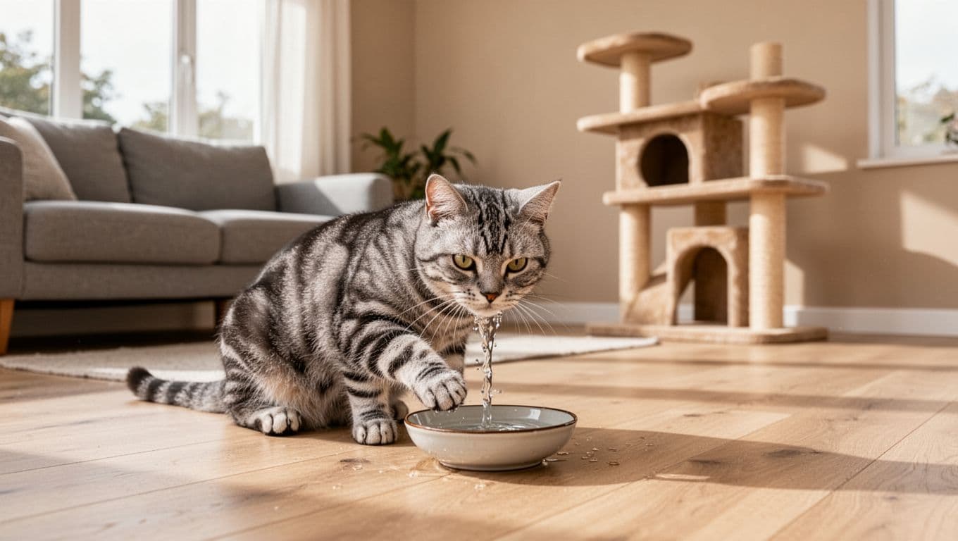An adult grey tabby cat drinks small sips from a shallow bowl on a light wooden floor in a bright minimalist Scandinavian living room with neutral beige walls, soft grey sofa, and natural daylight.