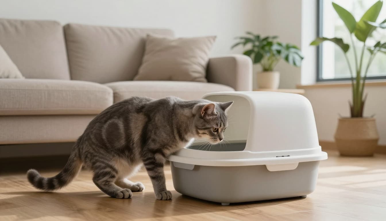 A sleek grey tabby cat hesitantly sniffs the high rim of a small litter box on a light wood floor in a bright Scandinavian living room with minimalist decor.