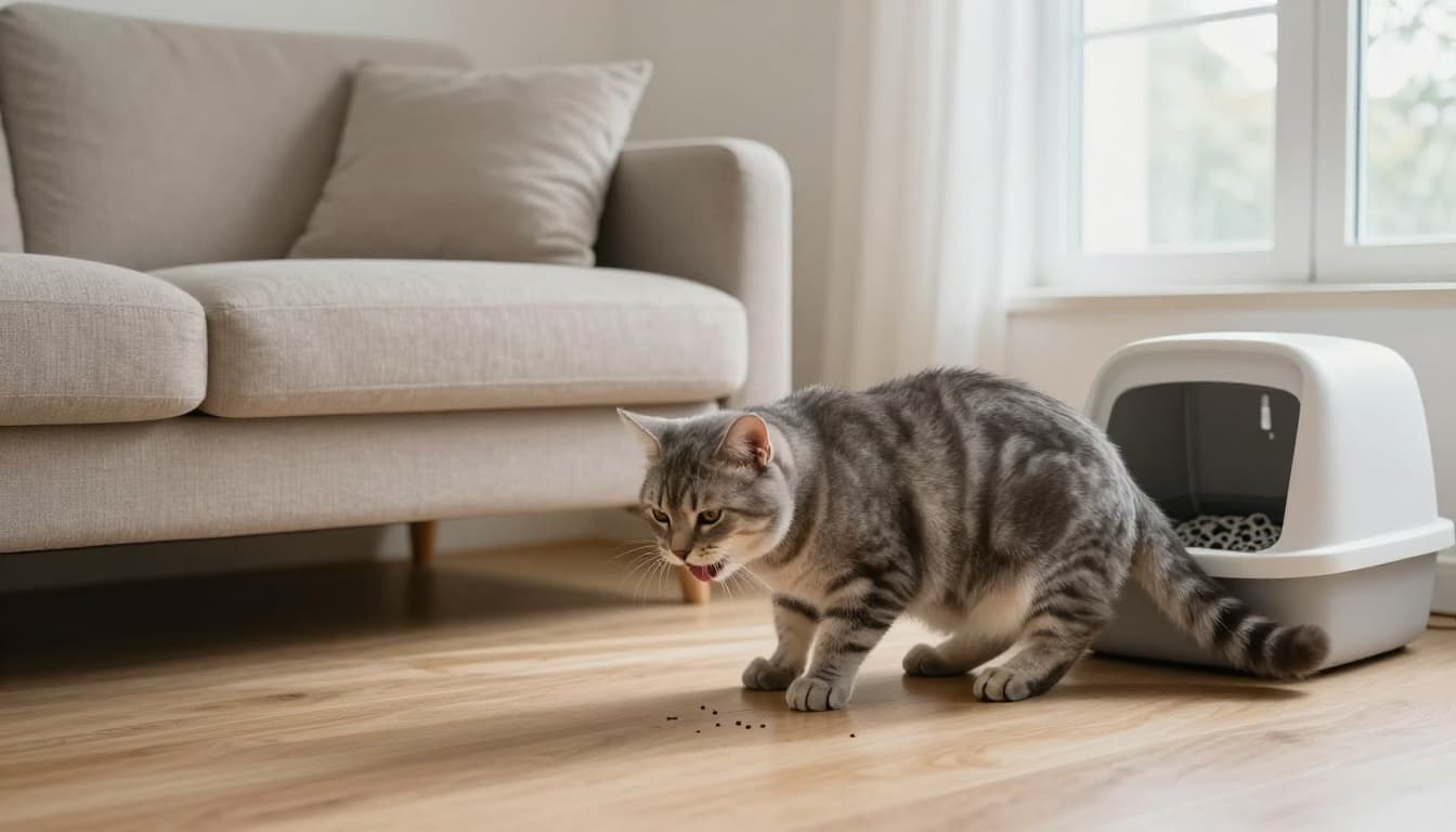 A sleek grey tabby cat in a minimalist Scandinavian living room approaches a modern open litter box repeatedly, squatting with small urine spots nearby, licking hindquarters uncomfortably with a pained expression.