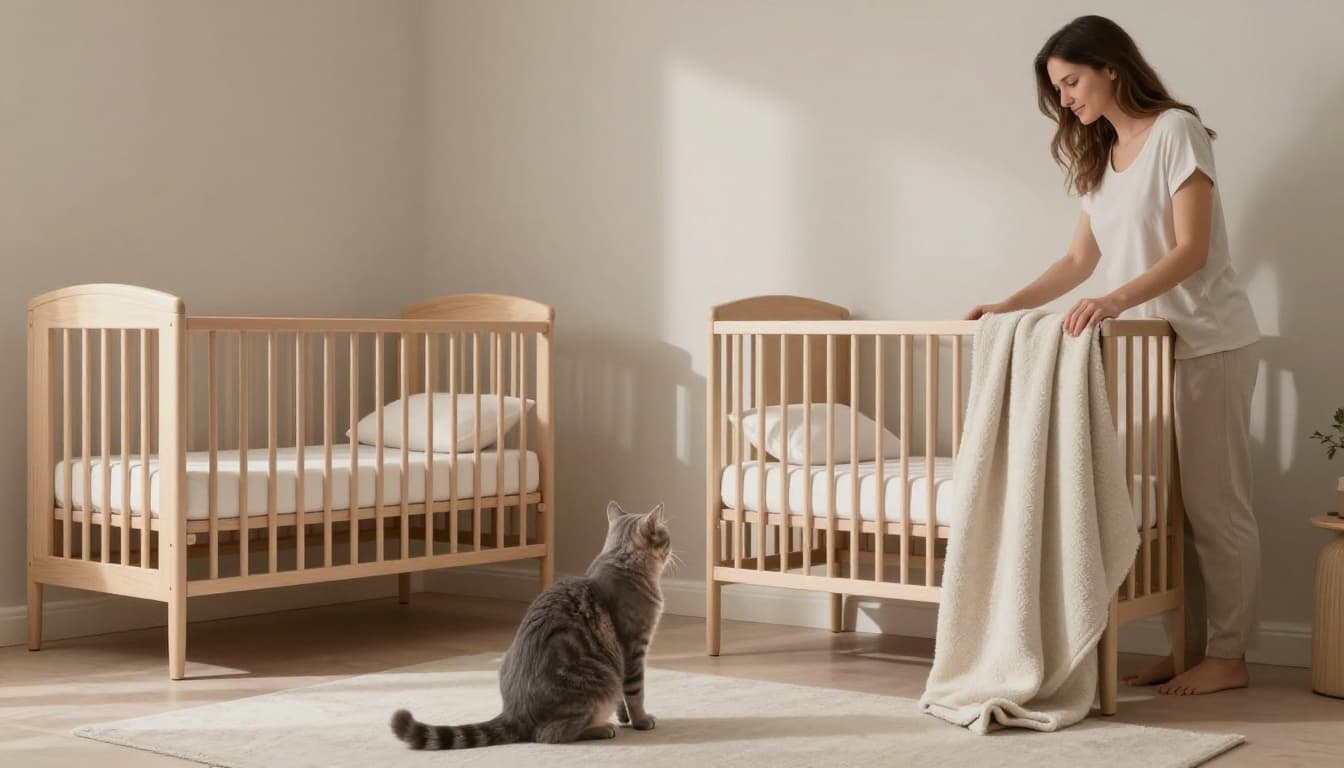 A gentle grey tabby cat sits calmly watching a baby crib in a modern Scandinavian nursery, while a pregnant woman adjusts a soft blanket nearby. Cozy elegant mood with neutral tones and minimalist decor.
