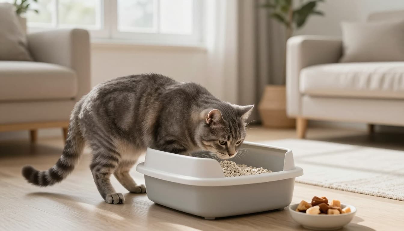 A grey tabby cat curiously sniffs an open litter box with fine unscented litter in a cozy corner of a bright Scandinavian living room, with natural sunlight and a bowl of treats nearby.