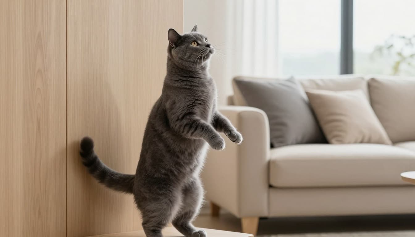 An elegant grey tabby cat stands upright on its hind legs against a light wooden wall in a minimalist Scandinavian living room, tail raised high and trembling in the posture of spraying urine with a small jet visible. Premium lifestyle photography with bright natural light, cozy beige sofa, neutral colors, and warm atmosphere.