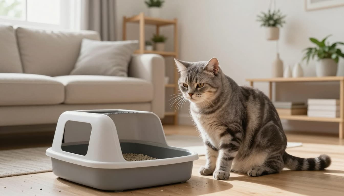 A tense grey tabby cat crouches uncomfortably near an open litter box in a bright Scandinavian living room with minimalist decor and natural light.