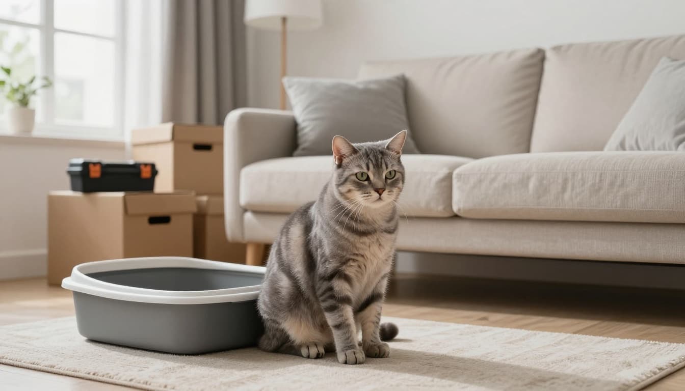 A curious grey tabby cat sits tensely near a clean open litter box in a modern Scandinavian living room with minimalist decor, bright natural light, and subtle moving signs like boxes and a toolbox.