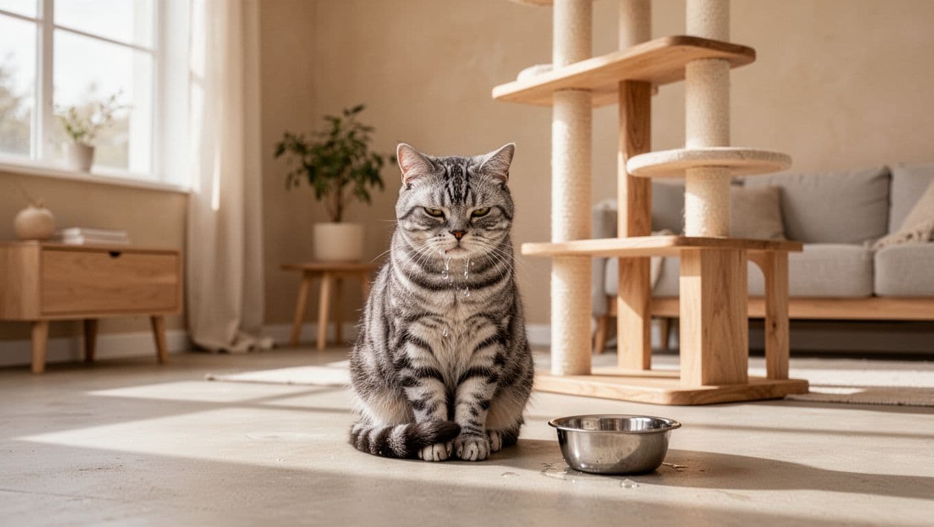 A single grey tabby cat sits calmly on the floor of a bright, minimalist Scandinavian living room, looking slightly tired with mild hypersalivation, near a stylish solid wood cat tree and a bowl of water.