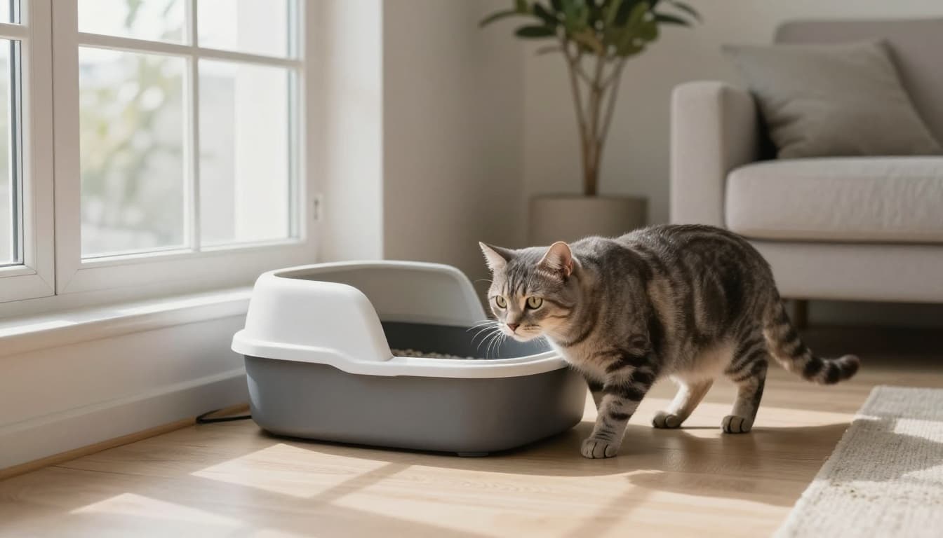 A confident grey tabby cat uses a clean open litter box in a bright modern Scandinavian living room with natural light and minimalist decor.