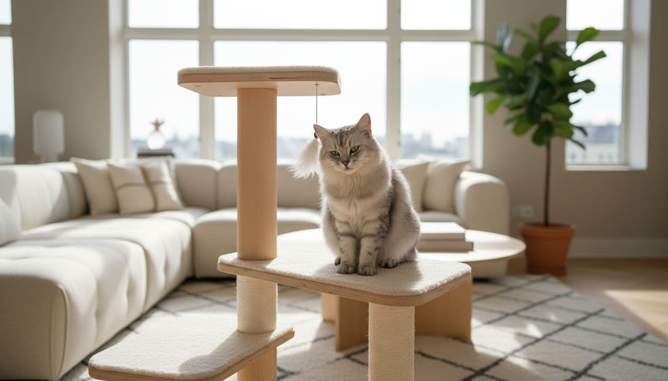 In a bright minimalist Scandinavian living room with warm natural light and neutral tones, a fluffy grey tabby cat gently rubs its cheek against the soft platform of a premium wooden cat tree near a window, evoking a cozy and elegant mood.