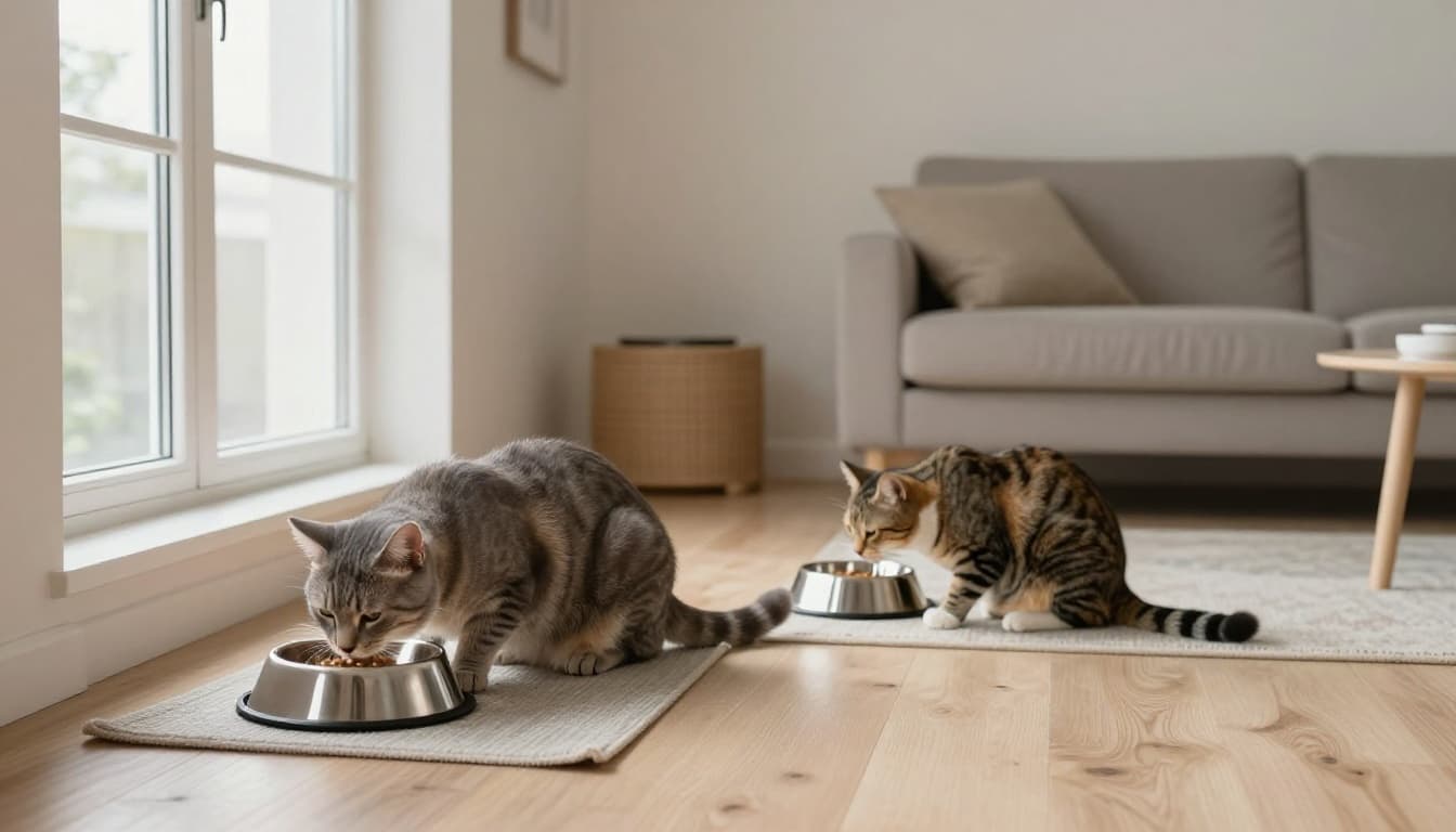 Two domestic cats, one grey and one tabby, eat calmly from separate stainless steel bowls in quiet spots of a spacious modern Scandinavian living room with natural light and minimalist decor.