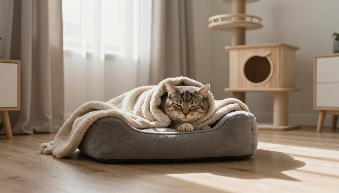 A young groggy shorthair cat rests wrapped in a soft warm blanket on a plush pet bed in a bright Scandinavian living room with morning light. A premium multi-level cat tree stands in the background, creating a calm and elegant atmosphere.