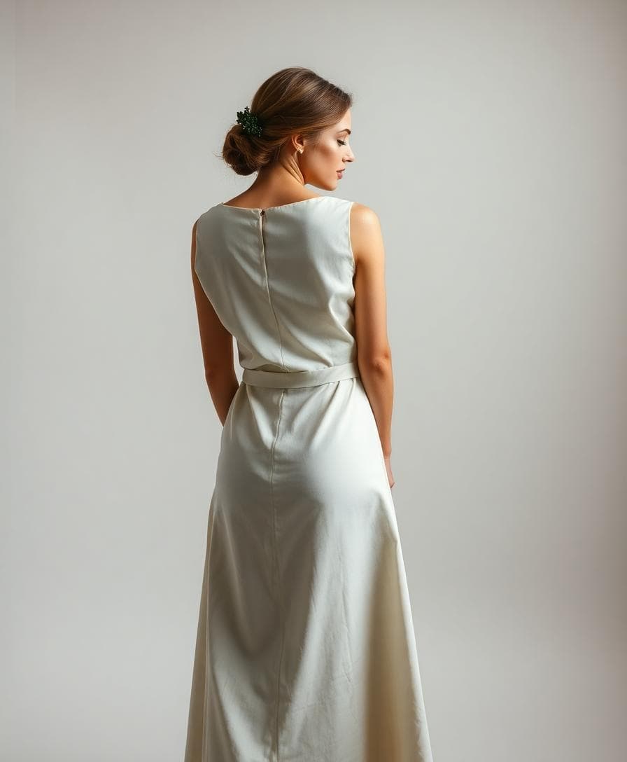 Mariée en H dans une robe sirène trop moulante, taille peu marquée, accent sur l'effet rectangle, ambiance studio douce