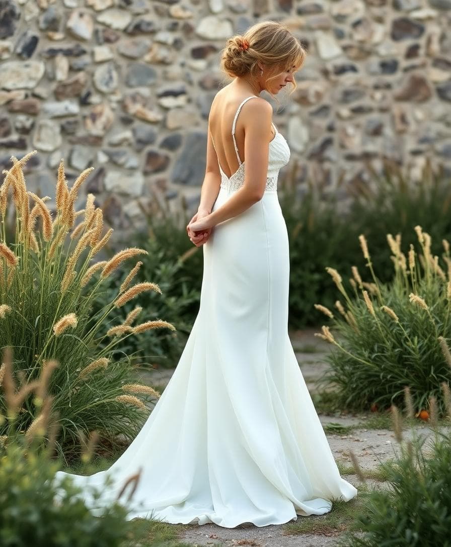 Mariée en robe trapèze bohème, corsage ajusté, jupe évasée fluide, tissu qui bouge au vent, décor extérieur avec lumière dorée