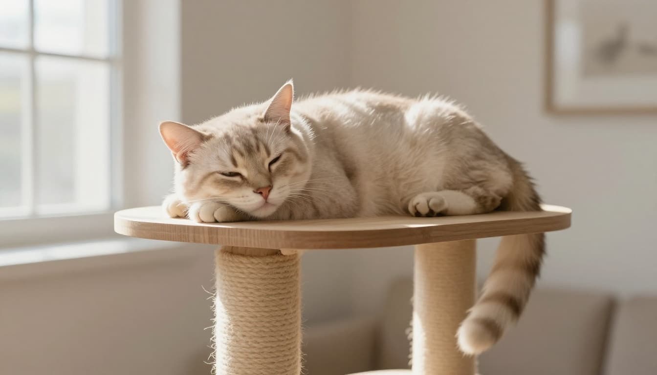 A beautiful adult cat in light sleep on a premium solid wood cat tree platform elevated in a bright Scandinavian minimalist living room, with one ear perked up alertly and one eye half-open watching.