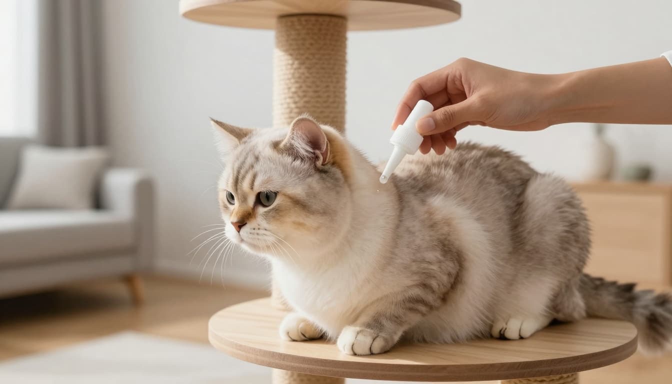 Close-up of a hand gently parting a fluffy cat's fur at the neck base to apply an anti-flea pipette drop in a bright minimalist Scandinavian living room. The relaxed cat sits on a premium wooden cat tree with natural light and cozy neutral tones.