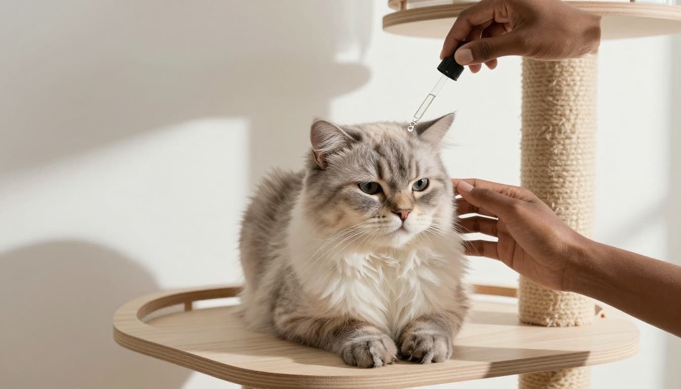 Close-up view of a person's hand gently applying a drop of liquid from a pipette to the fur at the base of a relaxed fluffy cat's neck, with the cat sitting content on a stylish wooden cat tree in a bright Scandinavian living room.