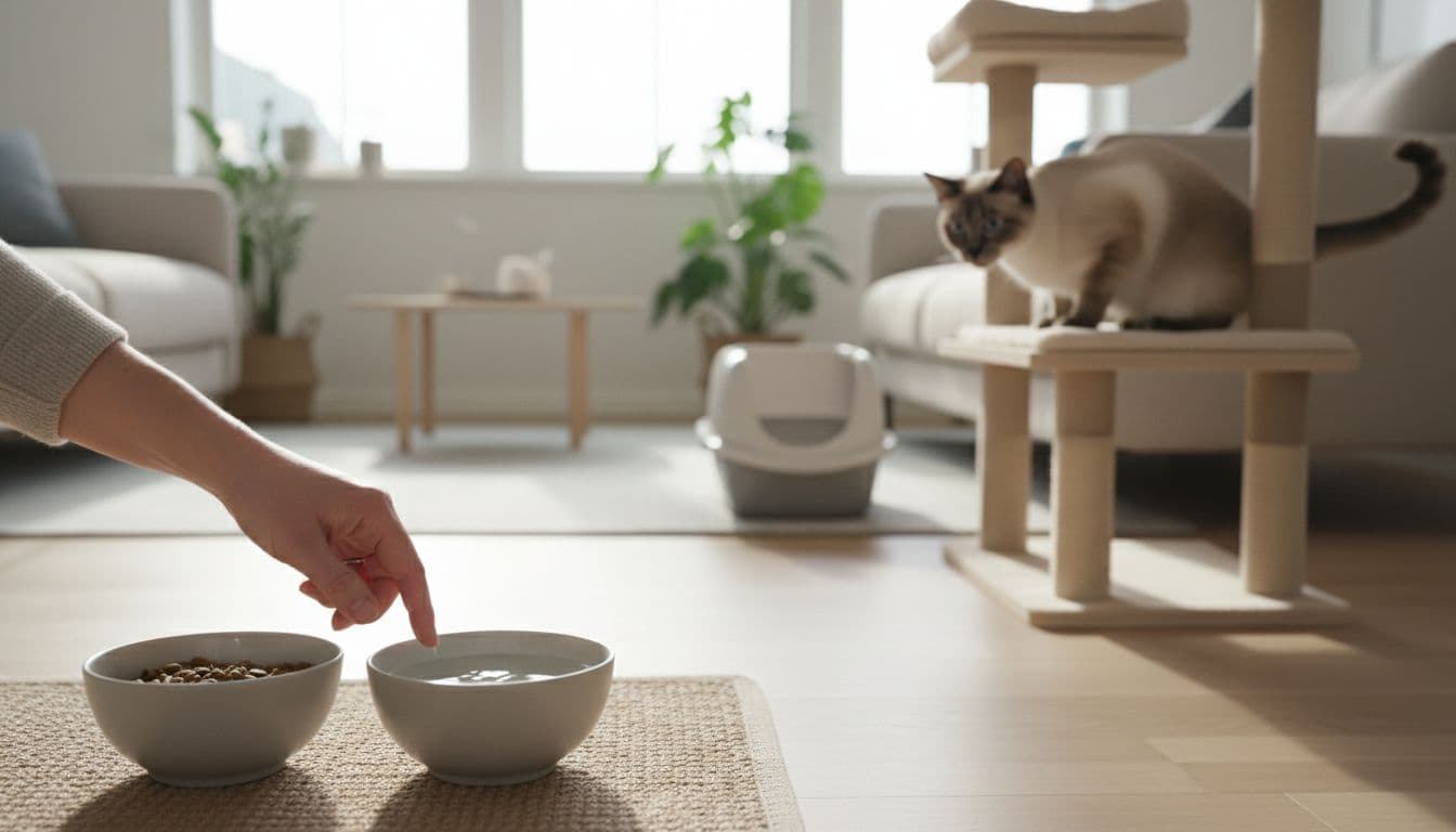 A human hand checks a fresh water bowl for a cat in a bright, minimalist Scandinavian living room, with an intact food bowl nearby and a clean litter box visible. A curious cat observes from a light wooden cat tree amid warm natural light and elegant beige-gray decor.