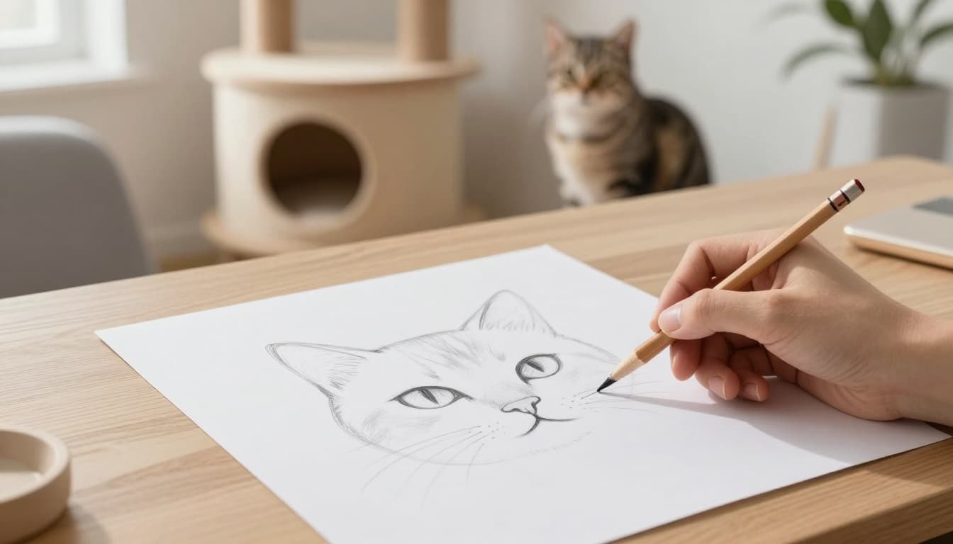 In a bright modern Scandinavian interior, a hand with pencil details a cat head sketch on white paper atop a wooden desk, with a poised cat on a Meowood cat tree in the softly blurred background.